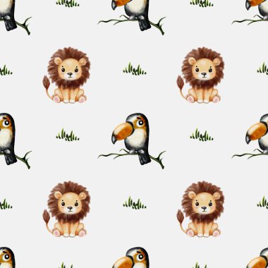 Dekoratif tasarım beyaz arkaplanda canlı suluboya tarzında oyuncu tukan ve aslan karakterleri sergiliyor.