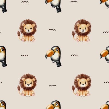 Renkli suluboya desenleri, kumaş veya duvar kağıdı tasarımı için mükemmel, eğlenceli tukanlar ve aslanlar sergiliyor..