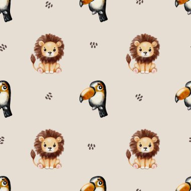 Bu kusursuz tekstil tasarımı açık arkaplanda suluboya tarzında eğlenceli tukanlar ve şirin aslanlar barındırır..