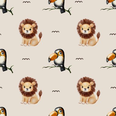 Bu kusursuz tasarım sevimli tukanlar ve aslanlar içeriyor. Tekstil ürünleri, ambalaj kağıtları ve arka planlar için mükemmel..