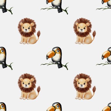Renkli tukan ve aslan çizimleri kumaş, duvar kâğıtları ve ambalaj için mükemmel, eğlenceli, kusursuz bir tasarım yaratıyor..