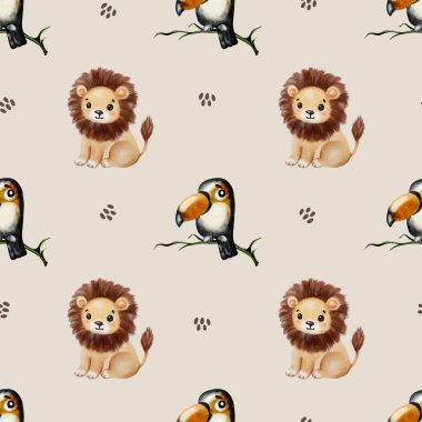 Tukanlar ve aslanlar için kusursuz desenler, tekstil, ambalaj kağıdı ve duvar kağıdı uygulamaları için ideal..