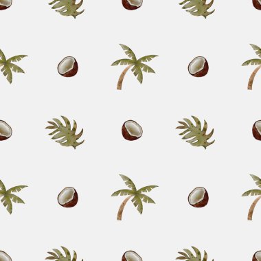 Bu pürüzsüz desen renkli tukanları, tropikal yaprakları ve hindistan cevizlerini gösteriyor. Çeşitli tekstil uygulamaları için mükemmel..