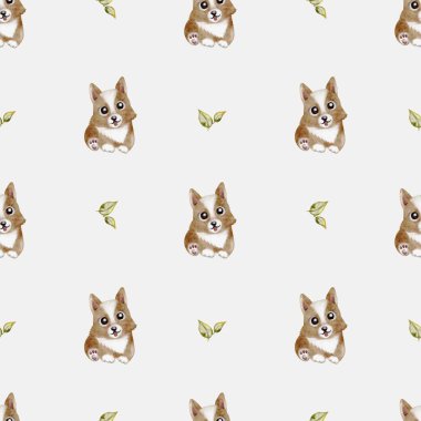 Corgis, yeşil yapraklı, kumaş ya da duvar kâğıdı tasarımı için mükemmel, pürüzsüz bir desenle resmedilmiş..