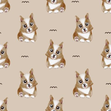 Kusursuz suluboya desenli enfes Corgi çizimleri kumaş ve hediye paketi için mükemmel..