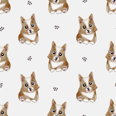 Beyaz arka planda pençe izleri olan sevimli Corgi çizimlerini içeren sonu gelmeyen tekrarlama deseni.