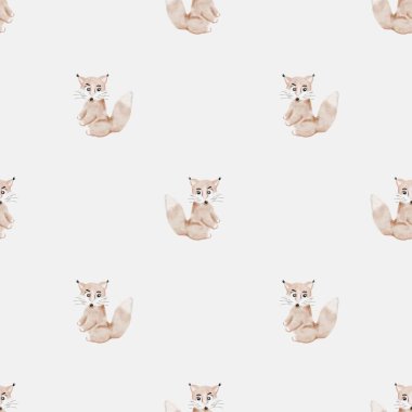Temiz beyaz arkaplan üzerinde eğlenceli suluboya tilkileri barındıran kusursuz tasarım, tekstil ve dekor için ideal..