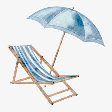 Renkli yaz aksesuarları arasında mavi bir şezlong, şemsiye ve plaj ve havuz rahatlığı için mükemmel şişme eşyalar yer alıyor..