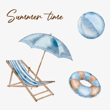 Parlak suluboya elementler bir yaz sahnesini tasvir eder şezlonglu, şemsiyeli, şişme top, ve daire, eğlence için mükemmel.