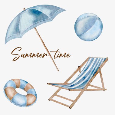 Bir şezlong, şemsiye ve şişme oyuncaklar gibi renkli yaz malzemeleri koleksiyonu, plaj günleri ve rahatlama için mükemmel..