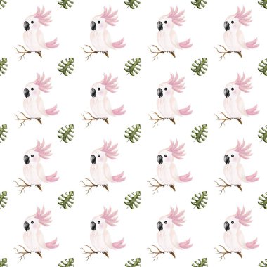 Bu canlı desen, kumaş ve duvar kağıdı için ideal olan beyaz arka planda suluboya papağanlar ve yapraklar içerir..