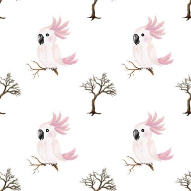Kusursuz bir zemin üzerinde güzel bir papağan suluboya deseni kumaş, ambalaj ve duvar kağıdı tasarımı uygulamaları için ideal..