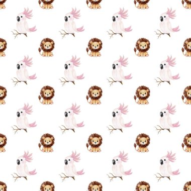 Parlak ve neşeli papağan ve aslan deseni kumaş ve dekoratif ambalaj kağıtları için eşsiz bir tasarım sunuyor..