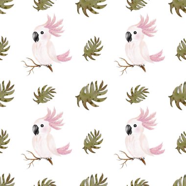 Tropikal yapraklarla çevrili parlak suluboya papağanlar tekstil projeleri için neşeli bir şablon oluşturuyor..