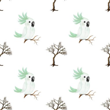 Renkli papağan illüstrasyonunda tekstil ve dekoratif ambalaj için ideal bir suluboya deseni sergileniyor.