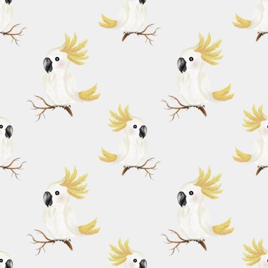 Bu sanat eserinde, kumaş ve ambalaj tasarımı için ideal dallara tünemiş canlı papağanların kusursuz bir deseni yer alıyor..