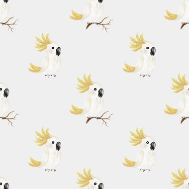 Dalların üzerindeki bir papağanın suluboya çizimi kumaş tasarımı ve ambalaj kağıdı desenleri için mükemmel..