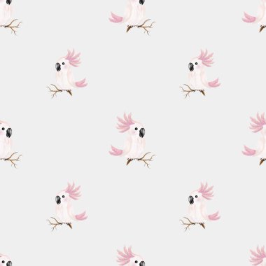 Bu güzel tasarım, dallara tünemiş papağanların kusursuz bir suluboya desenine sahip, tekstil için mükemmel..