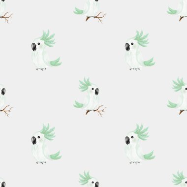 Dallar üzerinde dinlenen papağanlar içeren canlı suluboya desenler, kumaş ve duvar kağıdı tasarımları için mükemmel..