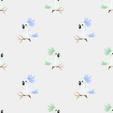 Dalların üzerine tünemiş renkli suluboya papağanları kumaş ve duvar kağıtları için ideal, canlı ve pürüzsüz bir desen oluşturur..