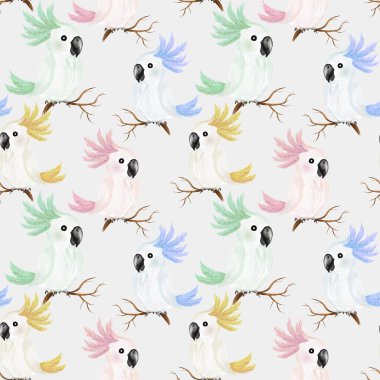 Değişik renklerde canlı suluboya papağanlar tekstil veya duvar kağıdı tasarımı için mükemmel bir desen içinde düzenlenmiştir..