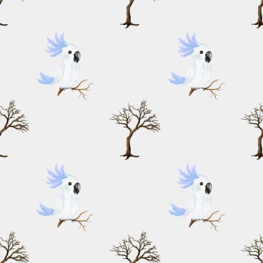 Bu pürüzsüz desen, dallara konmuş zarif suluboya papağanlar içeriyor, tekstil ya da duvar kağıdı tasarımı için mükemmel..