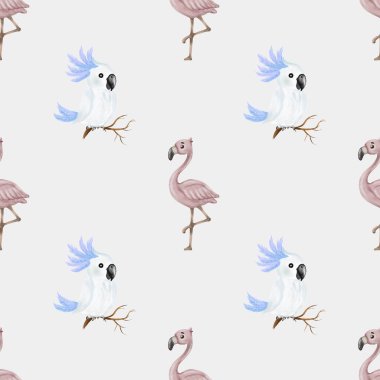 Bu renkli desen kumaş ve ambalaj kağıtları için mükemmel, neşeli papağanlar ve flamingolar içerir..