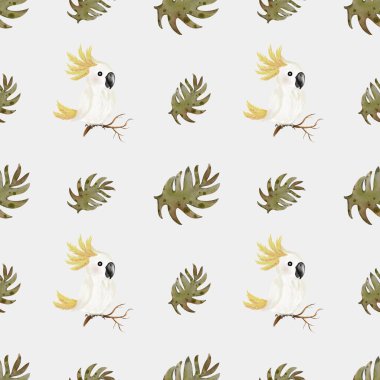 Canlı suluboya papağanlar ve yapraklar kumaş, duvar kâğıdı ve ambalaj kağıdı kullanımı için kusursuz bir desen oluşturur..