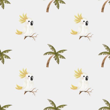 Canlı papağanlar ve palmiye ağaçları içeren kusursuz suluboya tasarımı çeşitli tekstil uygulamaları için idealdir..