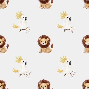 Suluboya tasarımı canlı papağanlar ve aslanlar içeriyor, beyaz bir arkaplan karşısında, kumaş ve ambalaj için mükemmel..