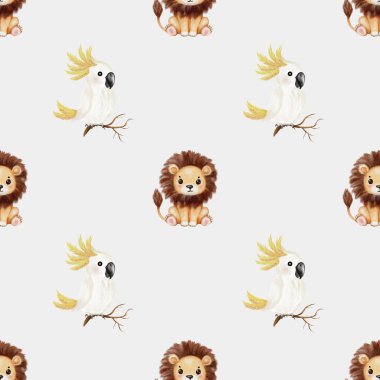 Tekstil, ambalaj ve duvar kağıdı tasarımları için ideal, neşeli papağanlar ve aslanlar içeren canlı suluboya deseni.