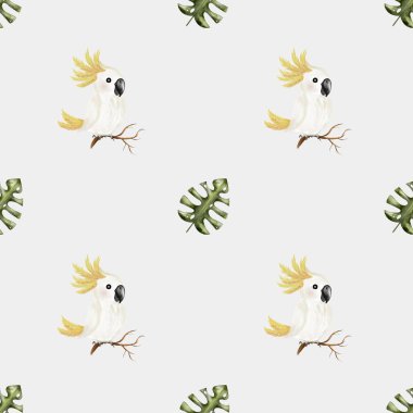 Canlı suluboya papağanlar ve yapraklar, tekstil ve dekoratif kağıtlar için mükemmel bir desen oluşturur..