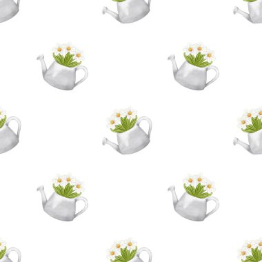 Papatya ve lale gibi parlak çiçekler bir su bidonunda düzenlenir ve çeşitli kullanım alanları için neşeli bir tasarım yaratır..