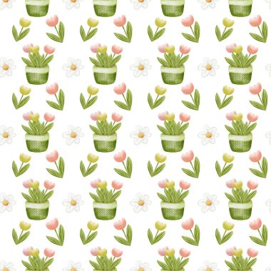 Canlı çiçek desenleri kumaş kaplarda laleler ve papatyalar sergiliyor, tekstil ve ambalaj kağıdı tasarımları için mükemmel..