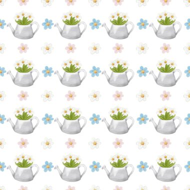 Papatya ve lalelerle dolu parlak saksılar, hafif bir arka planda güzel bir sulama tenekesi deseni ile çevrili..