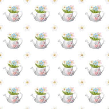 Renkli desenler, beyaz bir zemin üzerinde papatya ve lalelerle dolu su kutularını içerir, neşeli bir dokunuş ekler..