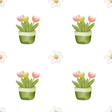 Lale ve papatyalarla dolu canlı saksılar çeşitli projelerde kumaş ve ambalaj tasarımı için ideal neşeli bir desen oluşturur..