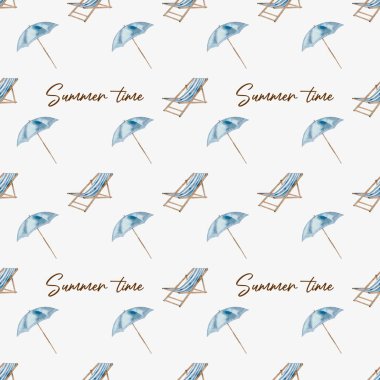 Renkli yaz temalı desenli şemsiyeler ve güverte sandalyeleri kumaş ve duvar kağıdı için uygun yinelenen bir dizayn.
