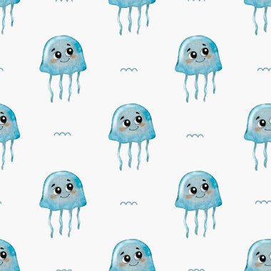 Bu pürüzsüz tasarım, beyaz arka planda yumuşak mavi tonlarda neşeli denizanalarını barındırır..