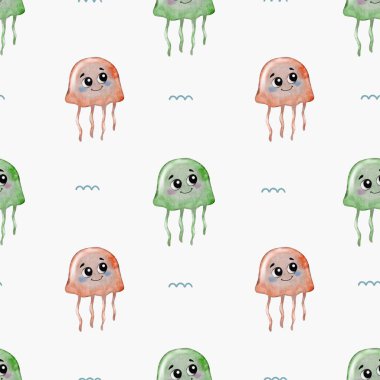 Bu büyüleyici desen yumuşak suluboya renklerde şirin denizanalarını gösteriyor. Tekstil ve ambalaj kağıtları için ideal..