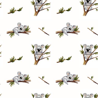 Bu büyüleyici desen, kumaş ve ambalaj için mükemmel olan narin yaprakların arasındaki dallarda dinlenen sevimli koalaları gösteriyor..