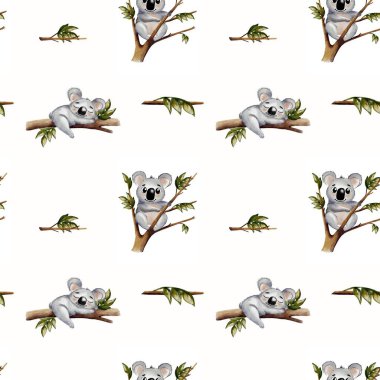 Tuhaf suluboya desenleri yapraklar arasında kumaş, duvar kağıdı ve ambalaj için uygun dallarda sevimli koalalar barındırır..