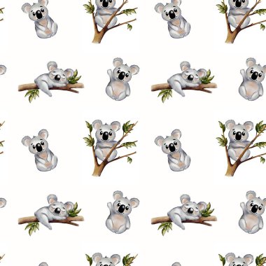 Tekstil uygulamaları ve dekoratif arka planlar için uygun kusursuz desenli tuhaf koala çizimleri.