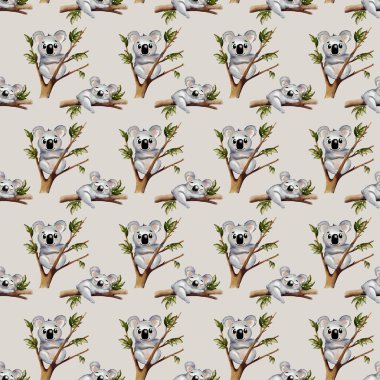 Renkli suluboya tasarımı koalaları yapraklı dallar üzerinde sergiliyor, sarma veya kumaş desenleri için mükemmel..