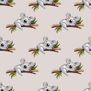 Çok tatlı koalaların okaliptüs yapraklı dallarda dinlenmesi, tekstil kullanımı için mükemmel..