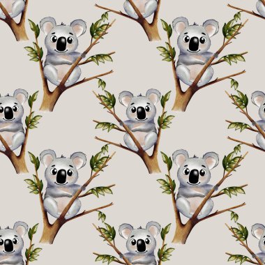 Bu pürüzsüz suluboya deseninde yeşil yapraklı dallara tünemiş sevimli koalalar var. Tekstil kullanımı için mükemmel.