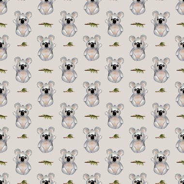 Vibrant koala çizimleri çeşitli tekstil ve yazdırma uygulamaları için uygun kusursuz bir desen oluşturur.