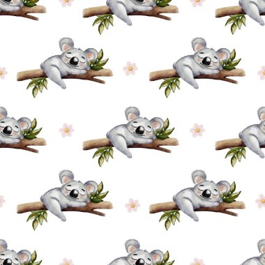 Dallar üzerinde dinlenen koalaların suluboya tasviri, yeşillik ve çiçeklerle süslenmiş, sarmak için mükemmel..