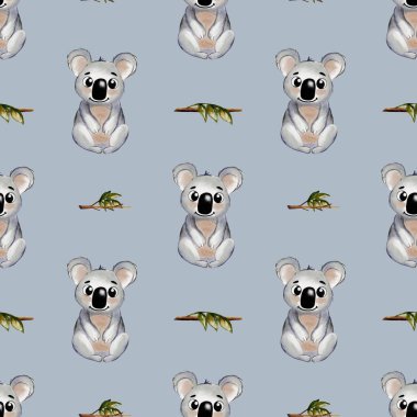 Hoş bir suluboya tasarımı. Etrafı okaliptüs yapraklarıyla çevrili hoş koalalar. Yumuşak mavi arka planda..