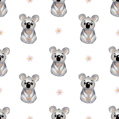 Narin çiçeklerle çevrili suluboya koalalar tekstil için ideal, neşeli ve canlı bir desen oluşturur..